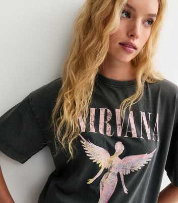 Dark Grey Nirvana Angel Print Oversized T-Shirt