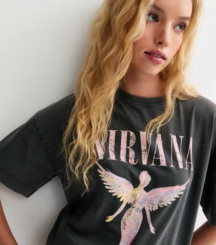 Dark Grey Nirvana Angel Print Oversized T-Shirt