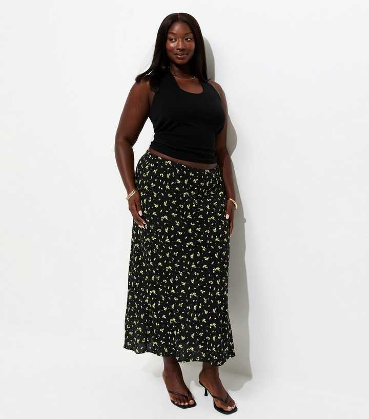Curves Black Ditsy Floral Bias Cut Midi Skirt