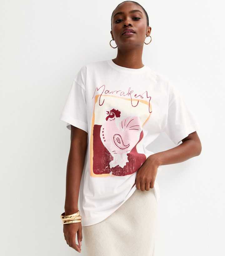 White Rooster Print Oversized Tee