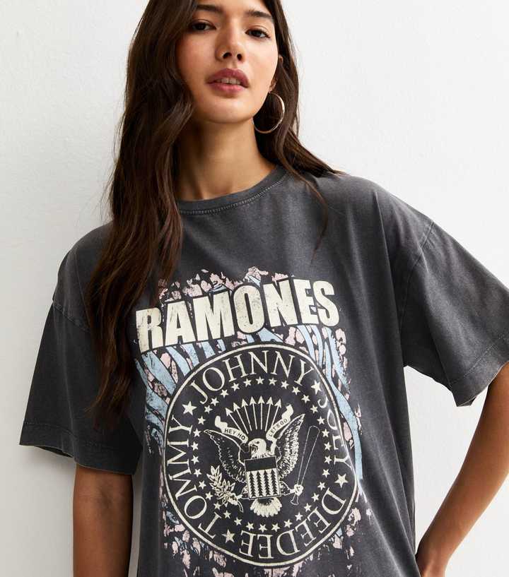 Dark Grey Distressed Effect Ramones Print Oversized T-Shirt
