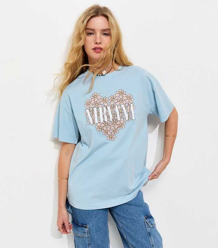 Light Blue Cotton Nirvana Print Oversized T-Shirt