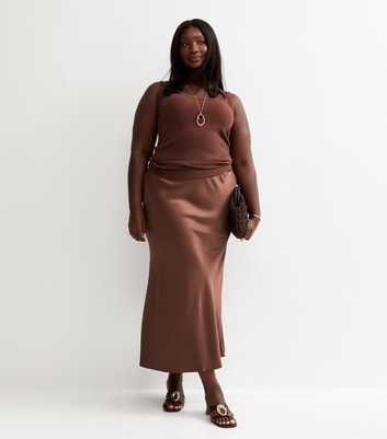 Curves Dark Brown Satin Bias Cut Midi Skirt
