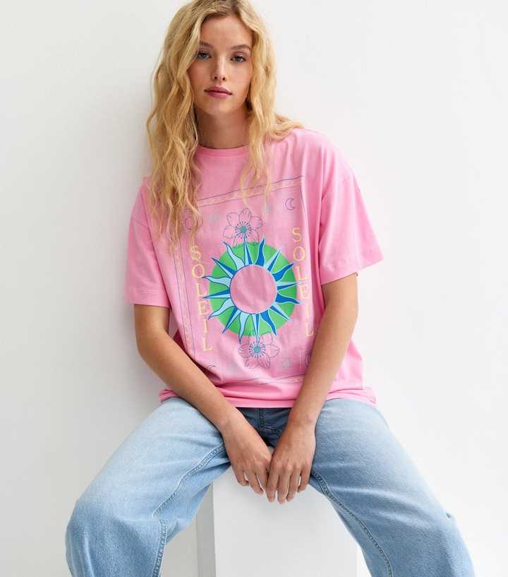 Bright Pink Soleil Mystic Print Oversized T-Shirt