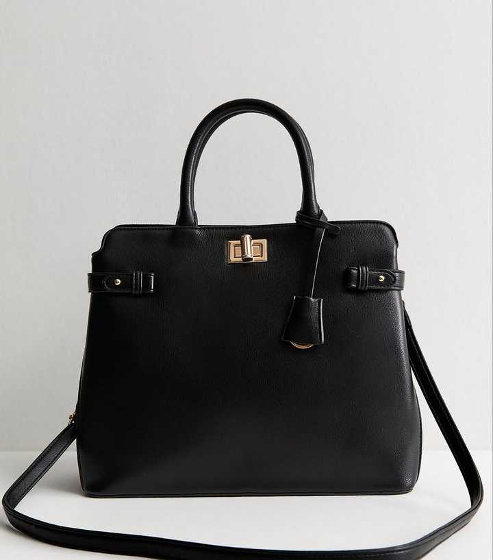Black Faux Leather Turn Lock Gusset Tote Bag
