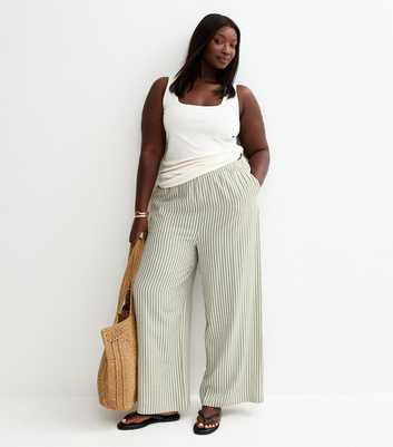 Curves Cream Seersucker Striped Wide Leg Trousers