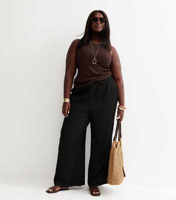 Curves Black Crinkled Jersey Wide Leg Trousers