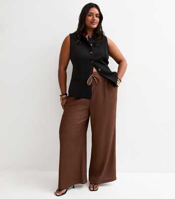 Curves Brown Crinkled Jersey Wide Leg Trousers