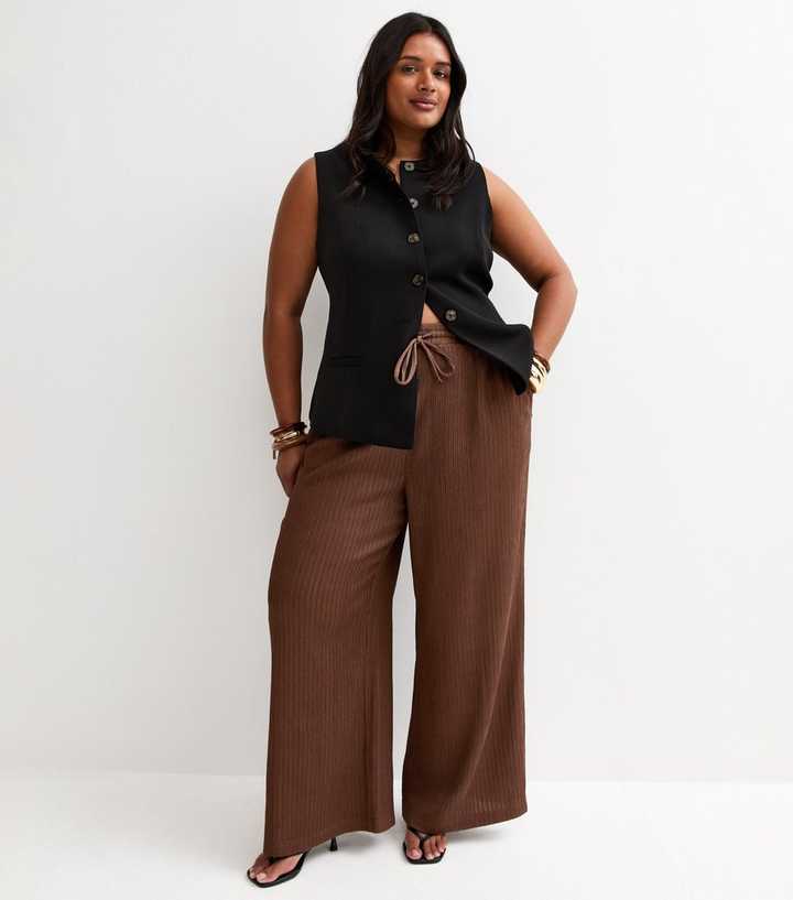 Curves Brown Crinkled Jersey Wide Leg Trousers