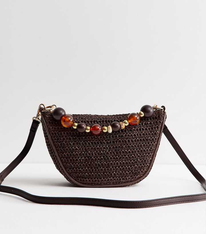 Dark Brown Woven Slouchy Beaded Top Handle Bag