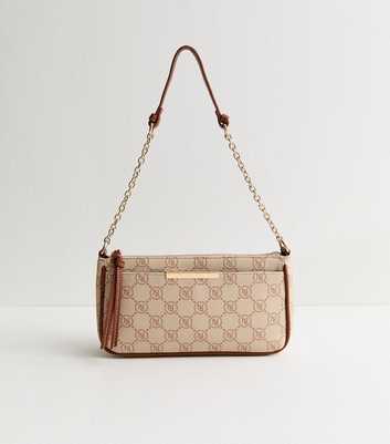 Brown Faux Leather Monogram Shoulder Bag