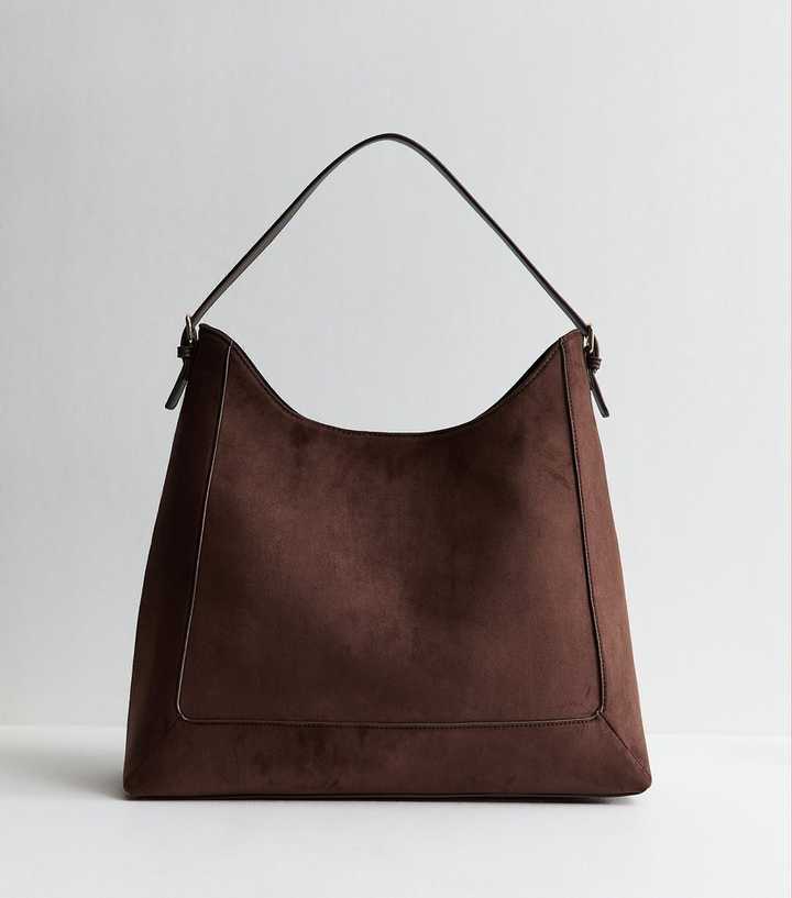 Dark Brown Faux Suede Scoop Top Tote Bag