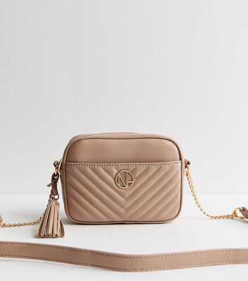 Camel Faux Leather Quilted Front Pocket Crossbody Bag