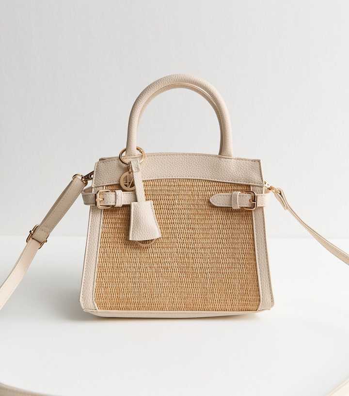 Cream Mini Raffia Look Triple Compartment Cross Body Bag