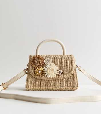 Stone Woven Floral Corsage Top Handle Bag