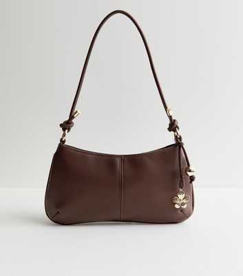 Brown Faux Leather Flower Charm Shoulder Bag