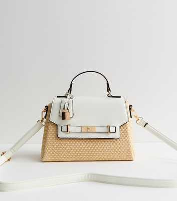 White Faux Leather Turn Lock Top Handle Crossbody Bag
