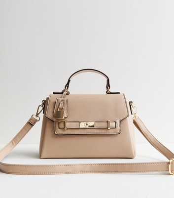 Mink Faux Leather Turn Lock Top Handle Crossbody Bag