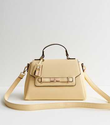 Light Yellow Faux Leather Turn Lock Top Handle Crossbody Bag