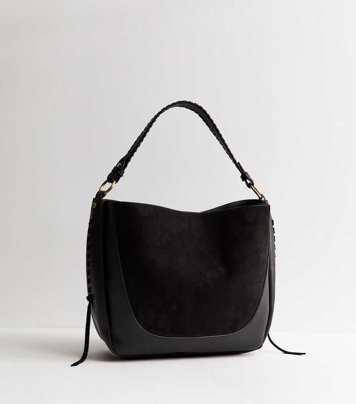 Black Faux Leather Whipstitch Bucket Bag