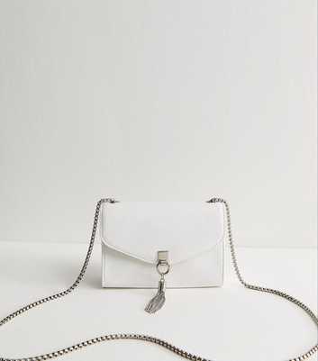 White Faux Leather Snake Embossed Tassel Crossbody Bag