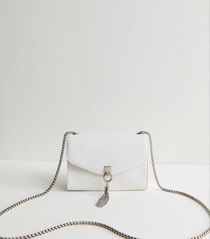 White Faux Leather Snake Embossed Tassel Crossbody Bag