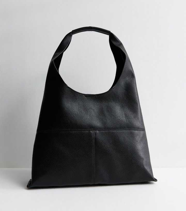 Black Faux Leather Panelled Hobo Shoulder Bag
