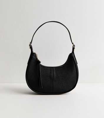 Black Grained Faux Leather Oval Buckle Shoulder Bag