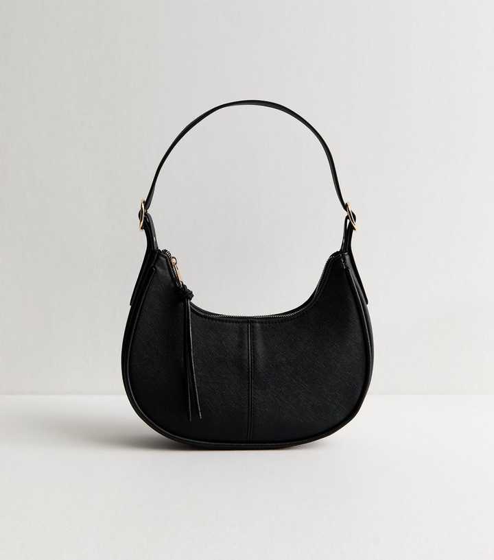 Black Grained Faux Leather Oval Buckle Shoulder Bag
