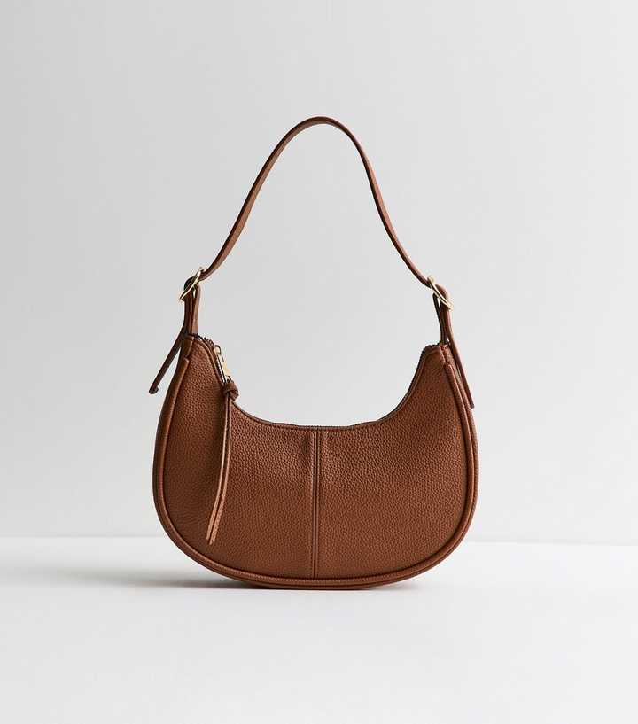 Tan Grained Faux Leather Oval Buckle Shoulder Bag