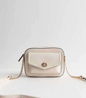 Cream Grained Faux Leather Turn Lock Crossbody bag