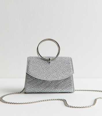 Silver Diamanté Embellished Round Top Handle Bag