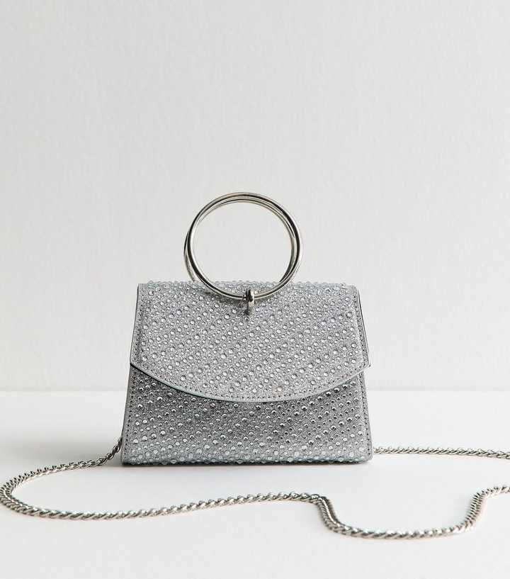 Silver Diamanté Embellished Round Top Handle Bag