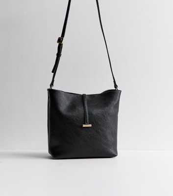 Black Grained Faux Leather Bucket Bag