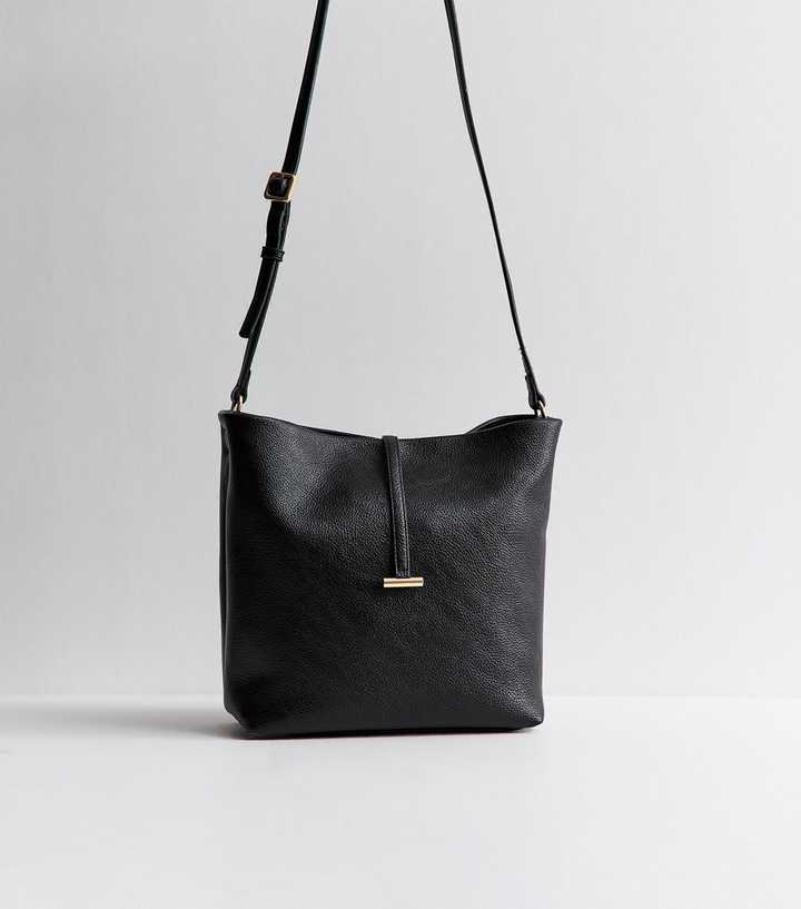 Black Grained Faux Leather Bucket Bag