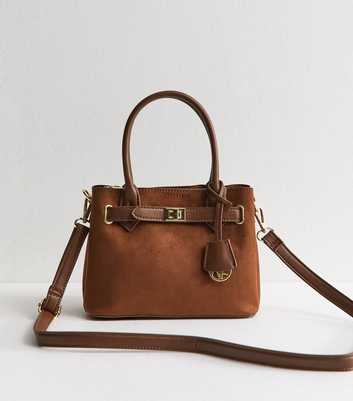 Tan Faux Suede Triple Compartment Cross Body Bag