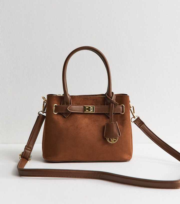 Tan Faux Suede Triple Compartment Cross Body Bag