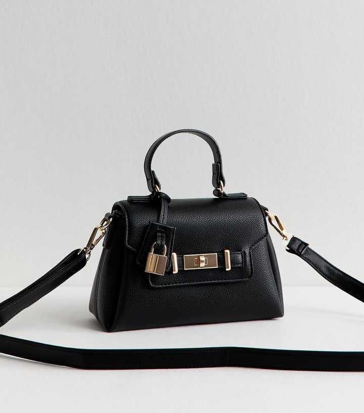 Black Mini Faux Leather Turn Lock Crossbody Bag