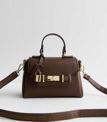 Dark Brown Mini Faux Leather Turn Lock Crossbody Bag