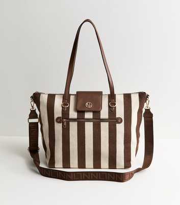 Dark Brown Striped Canvas Faux Leather Trimmed Tote Bag