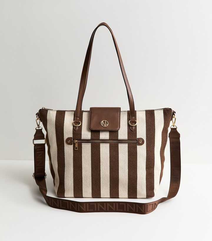 Dark Brown Striped Canvas Faux Leather Trimmed Tote Bag