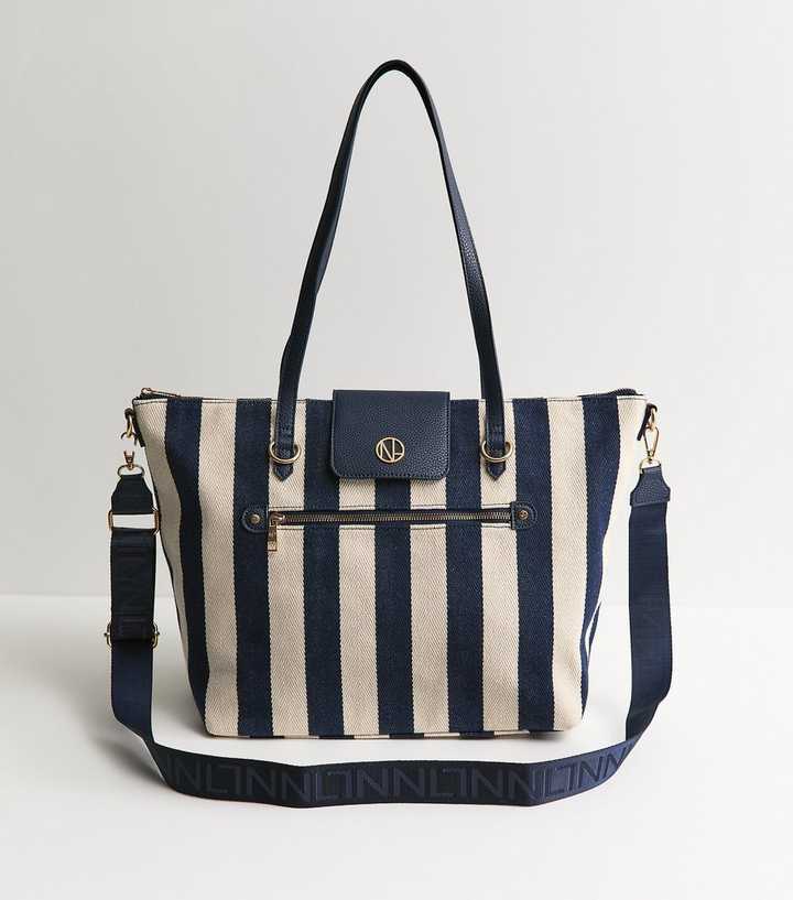 Dark Blue Striped Canvas Faux Leather Trimmed Tote Bag