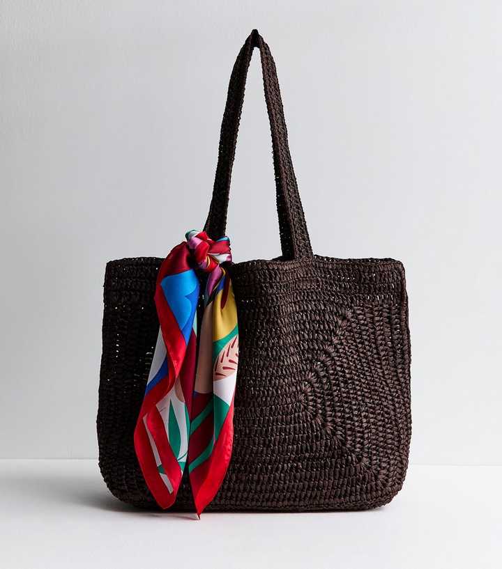 Chocolate Oversized Woven Tote with Scarf