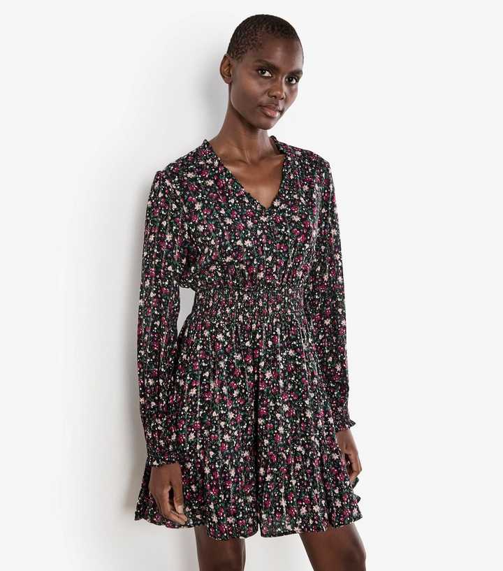 Apricot Black Lurex Shirred Floral Dress