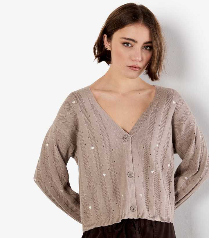 Apricot Mink Embroidered Heart Pointelle Cardigan