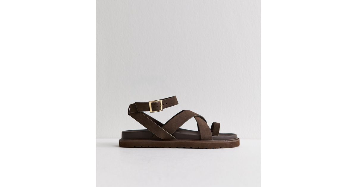 Brown Faux Suede Toe Loop Chunky Flat Sandals | New Look