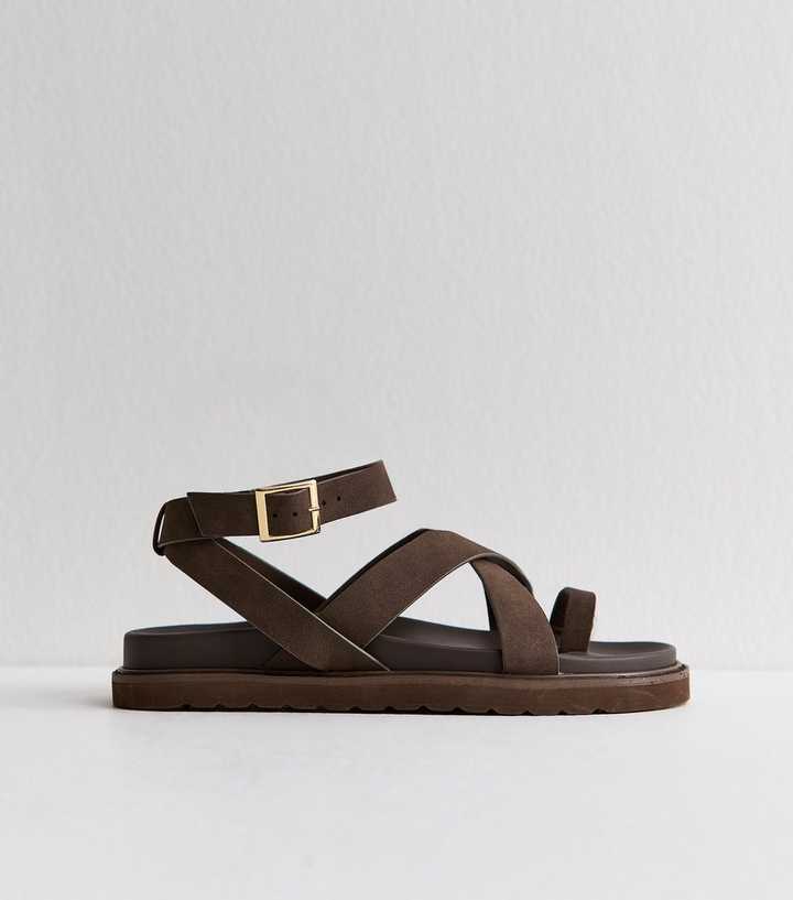 Brown Faux Suede Toe Loop Chunky Flat Sandals