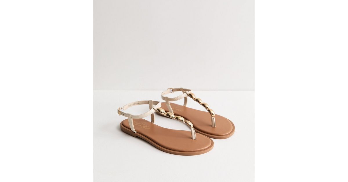Wide Fit Off White Faux Leather Metal Toe Post Sandals | New Look