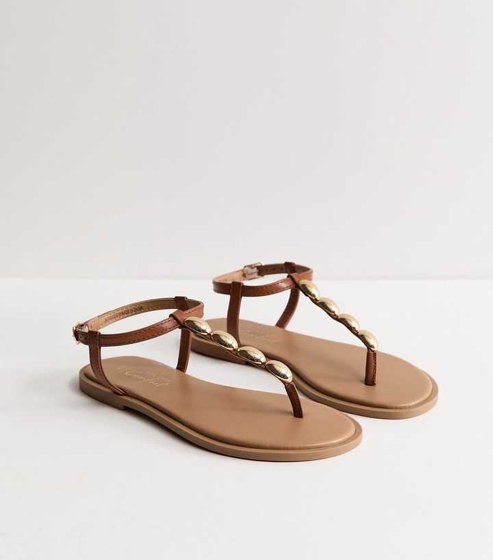 Wide Fit Tan Faux Leather Metal Toe Post Sandals