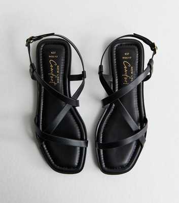 Wide Fit Black Faux Leather Multi Strap Flat Sandals